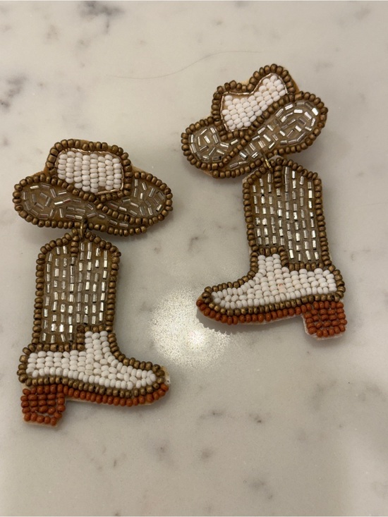 Accessories - Beaded Cowboy Boot Earrings - White, Brown & Tan